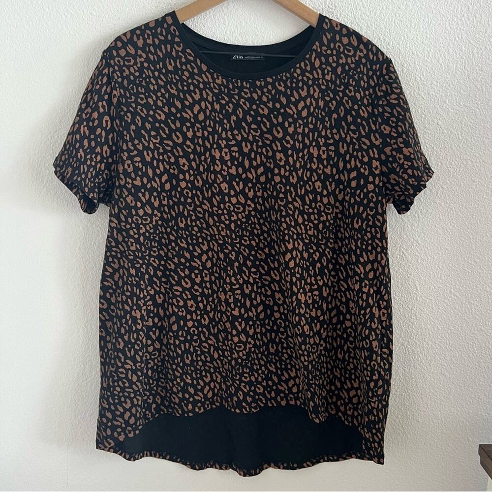 Zara Leopard Print Black Base Crewneck T-Shirt High Low XL